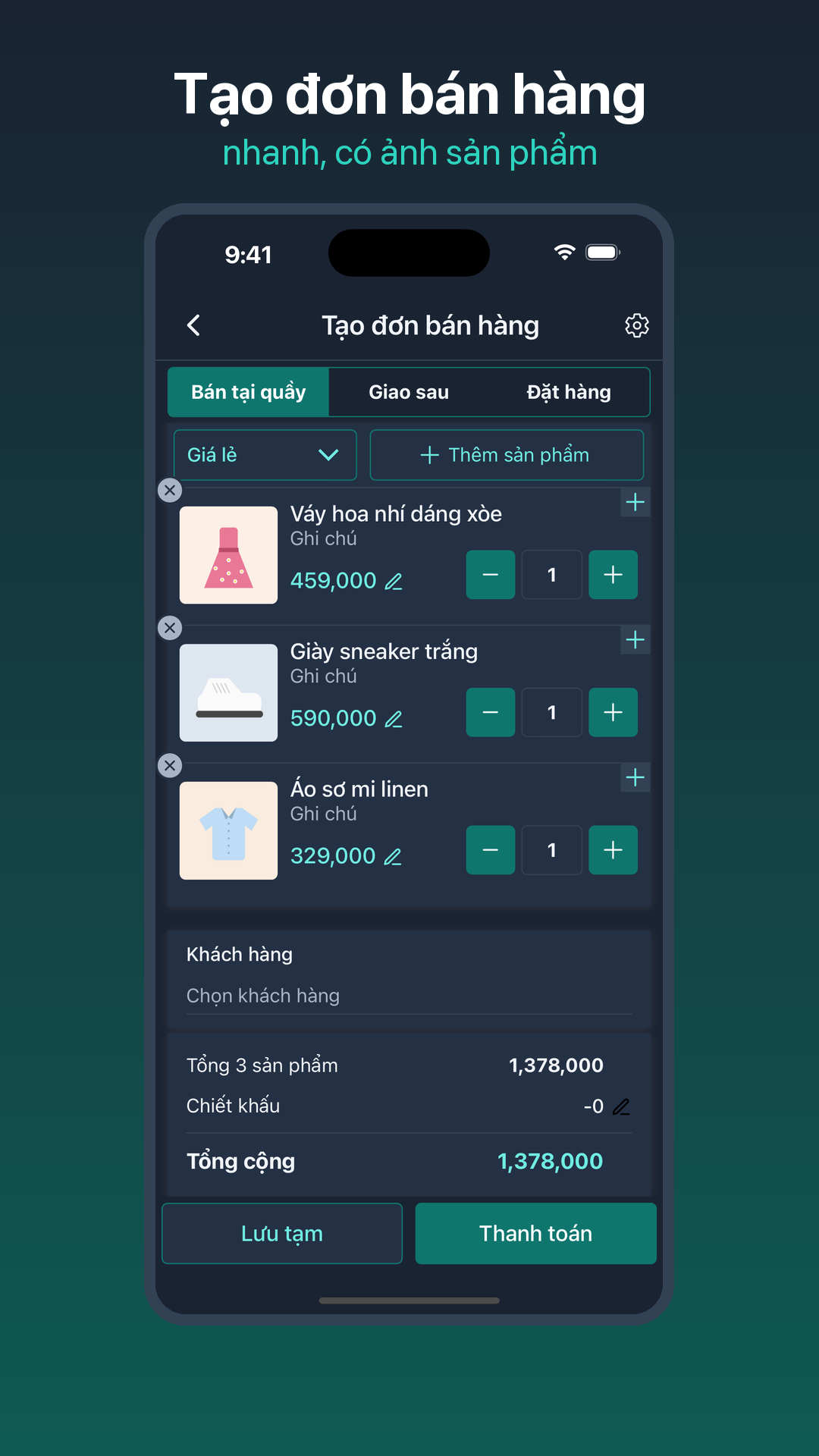 Giao diện demo tạo đơn bán hàng của Off247 trên điện thoại